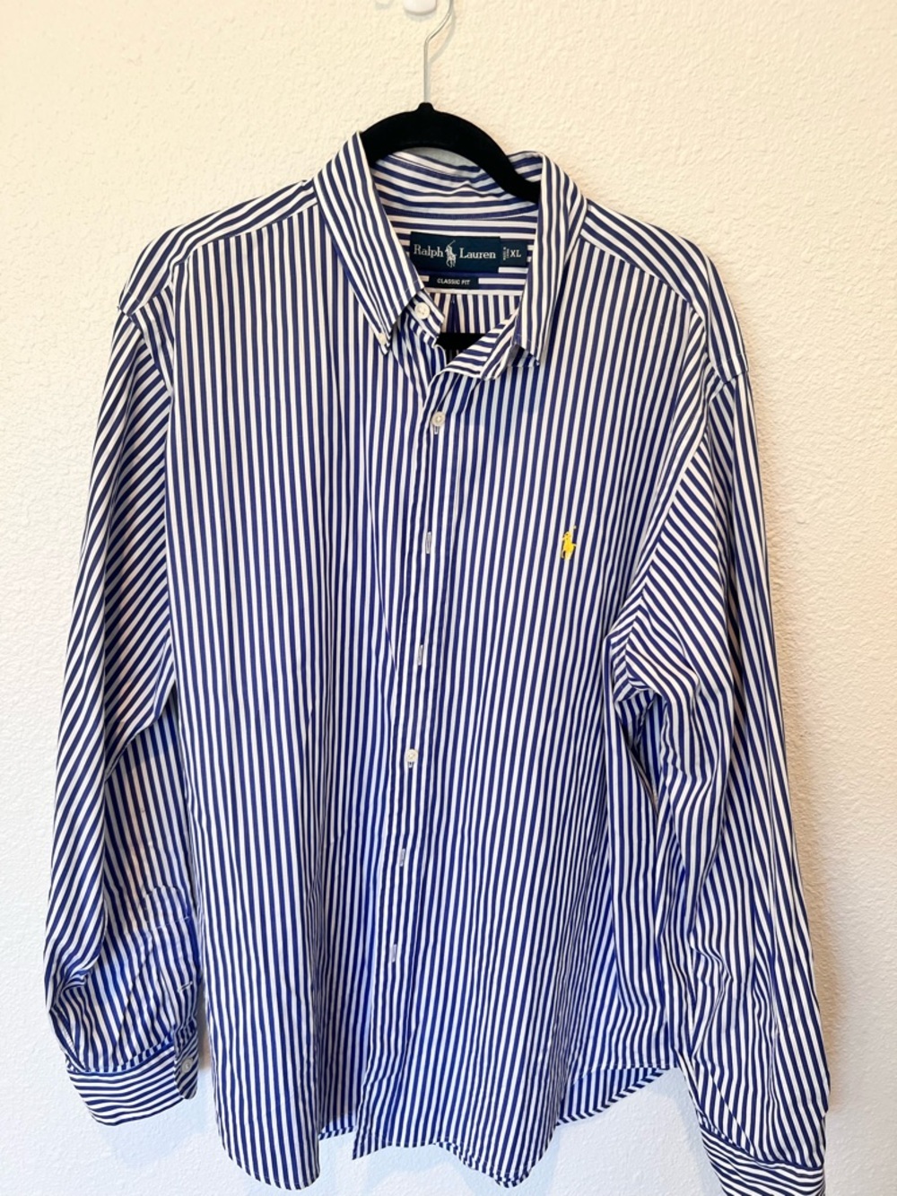 Ralph Lauren Navy & White Vertical Stripe Button-Down Shirt with Yellow Pony